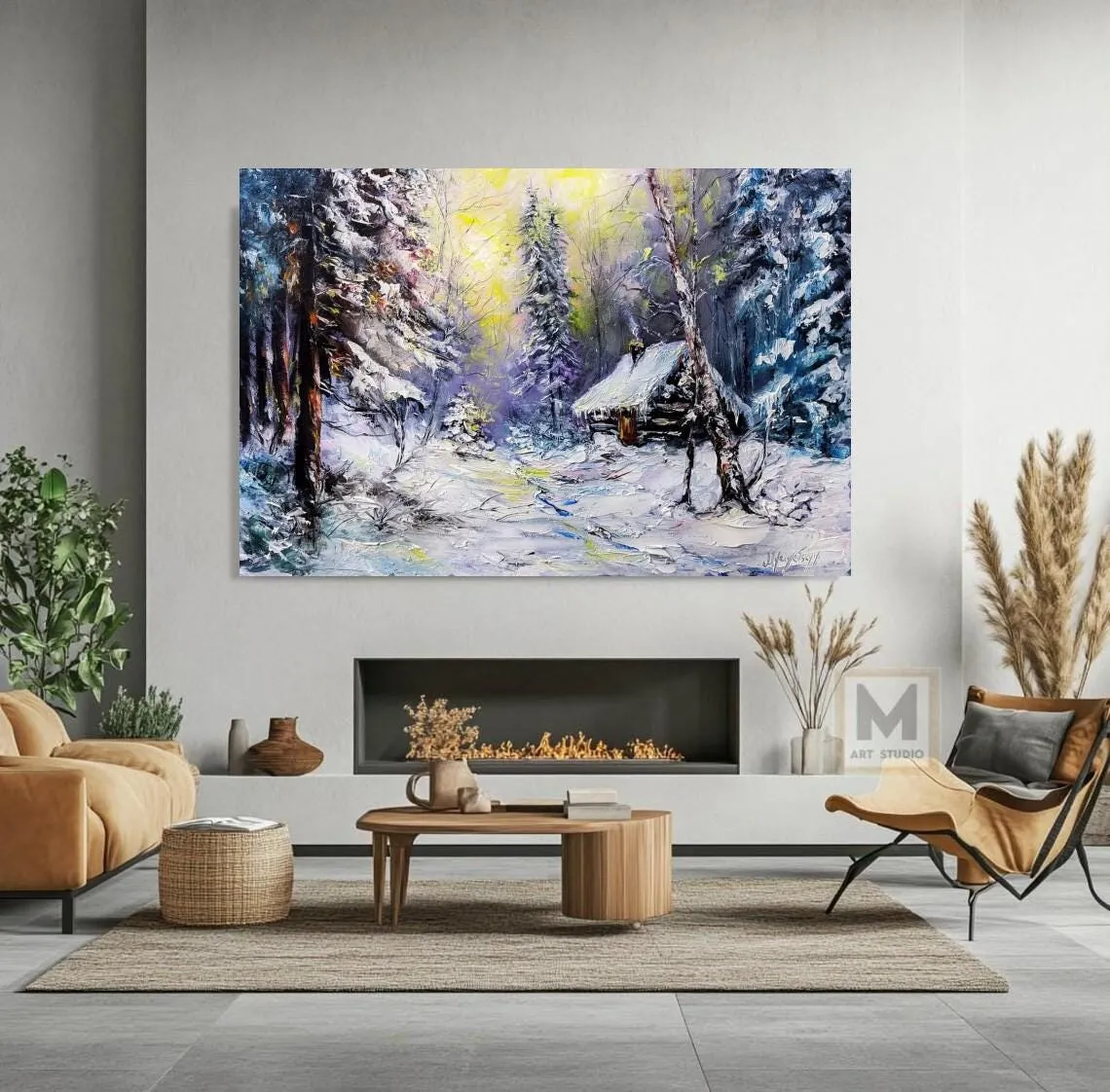 Cabin in the Snowbound Forest — original impressionist oil painting by Volodymyr Myriyevskyy, 24'' × 16'' (60 cm × 40 cm) — photo 2