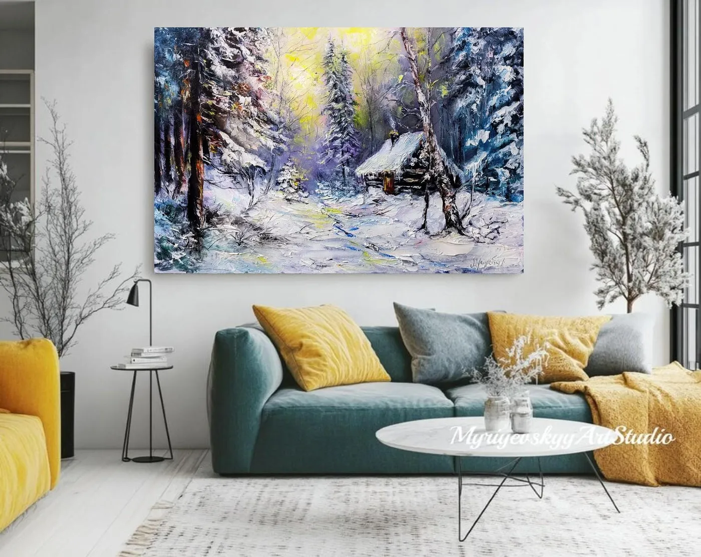 Cabin in the Snowbound Forest — original impressionist oil painting by Volodymyr Myriyevskyy, 24'' × 16'' (60 cm × 40 cm) — photo 3