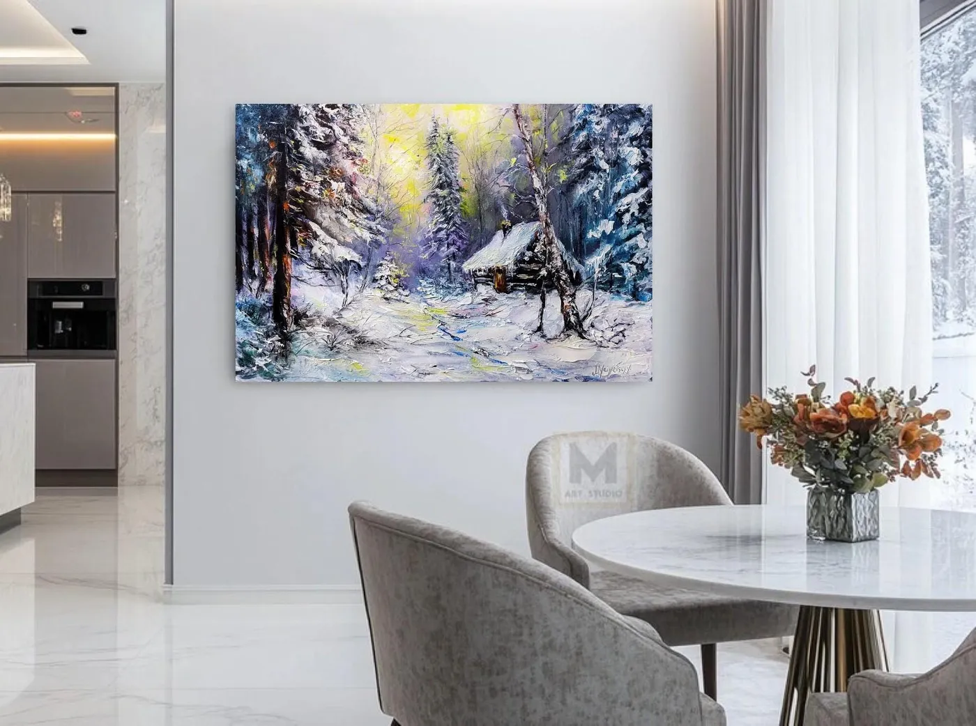 Cabin in the Snowbound Forest — original impressionist oil painting by Volodymyr Myriyevskyy, 24'' × 16'' (60 cm × 40 cm) — photo 4