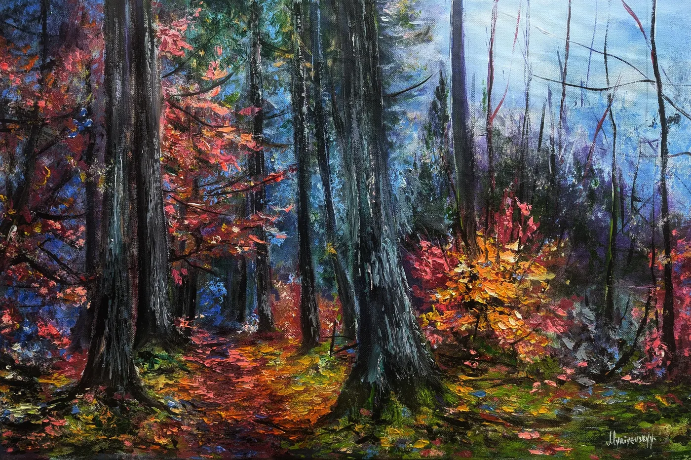 Enchanted Dark Forest — original impressionist oil painting by Volodymyr Myriyevskyy, 24'' × 16'' (60 cm × 40 cm)