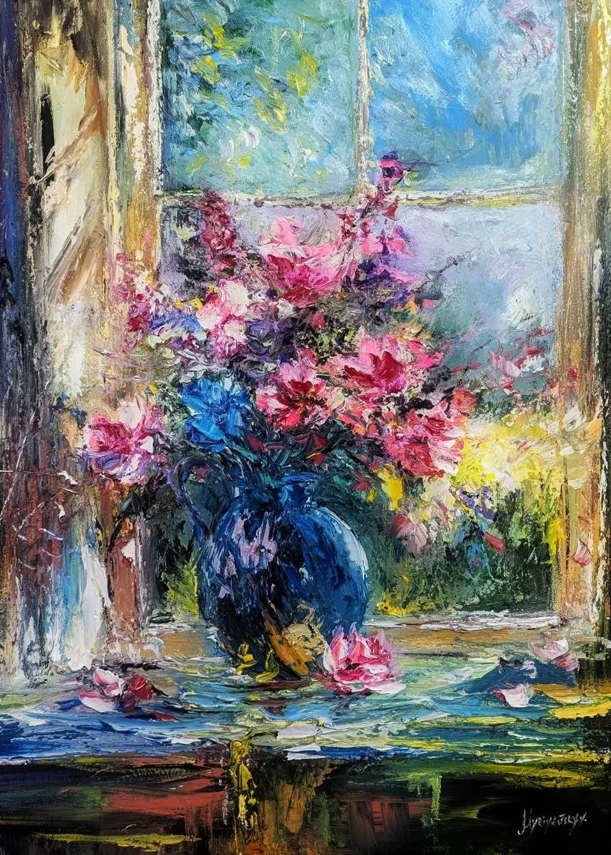 Peonies by the Window — original impressionist oil painting by Volodymyr Myriyevskyy, 20'' x 28'' (70 cm x 50 cm)
