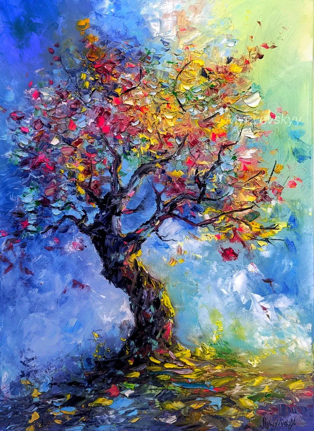Tree in Light — original impressionist oil painting by Volodymyr Myriyevskyy, 20'' x 28'' (50 x 70 cm), vertical orientation