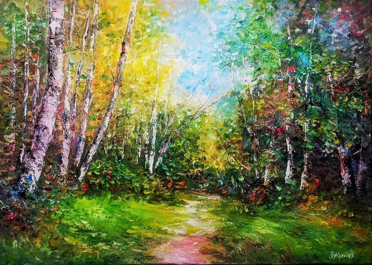 Sunny forest — original impressionist oil painting by Volodymyr Myriyevskyy, 28'' x 20'' (70 x 50 cm), horizontal orientation