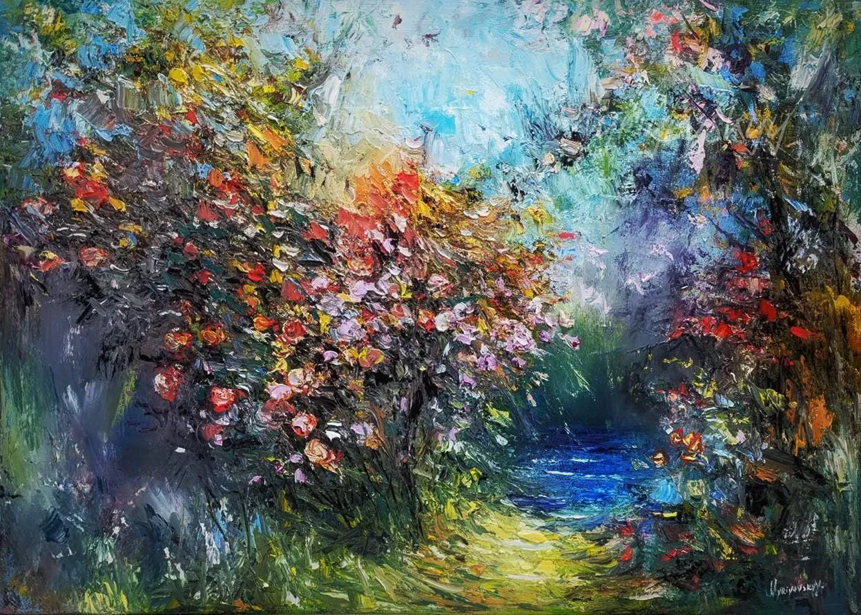 Bloom Path to Water — original impressionist oil painting by Volodymyr Myriyevskyy, 28''x 20'' ( 70cm x 50cm )