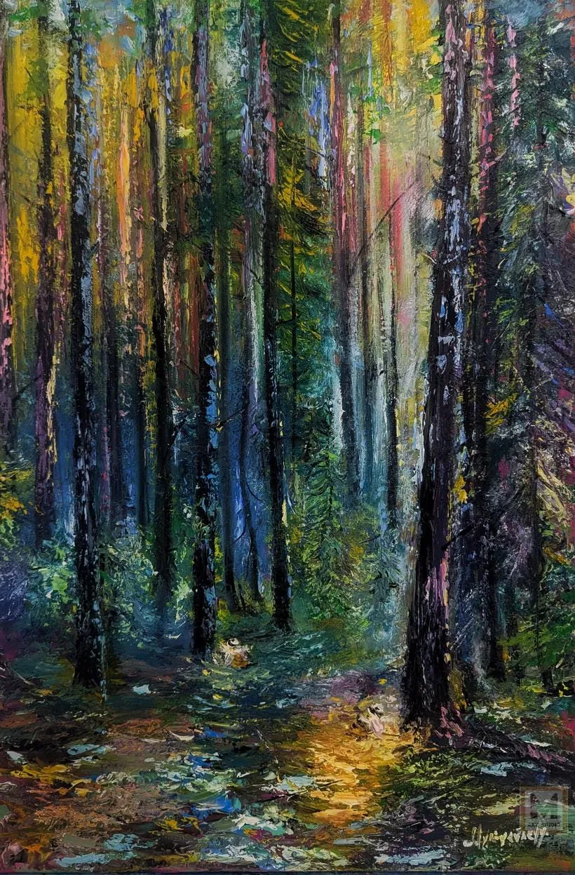 Fairytale forest of light — original impressionist oil painting by Volodymyr Myriyevskyy, 16'' x 24'' (40 x 60cm)