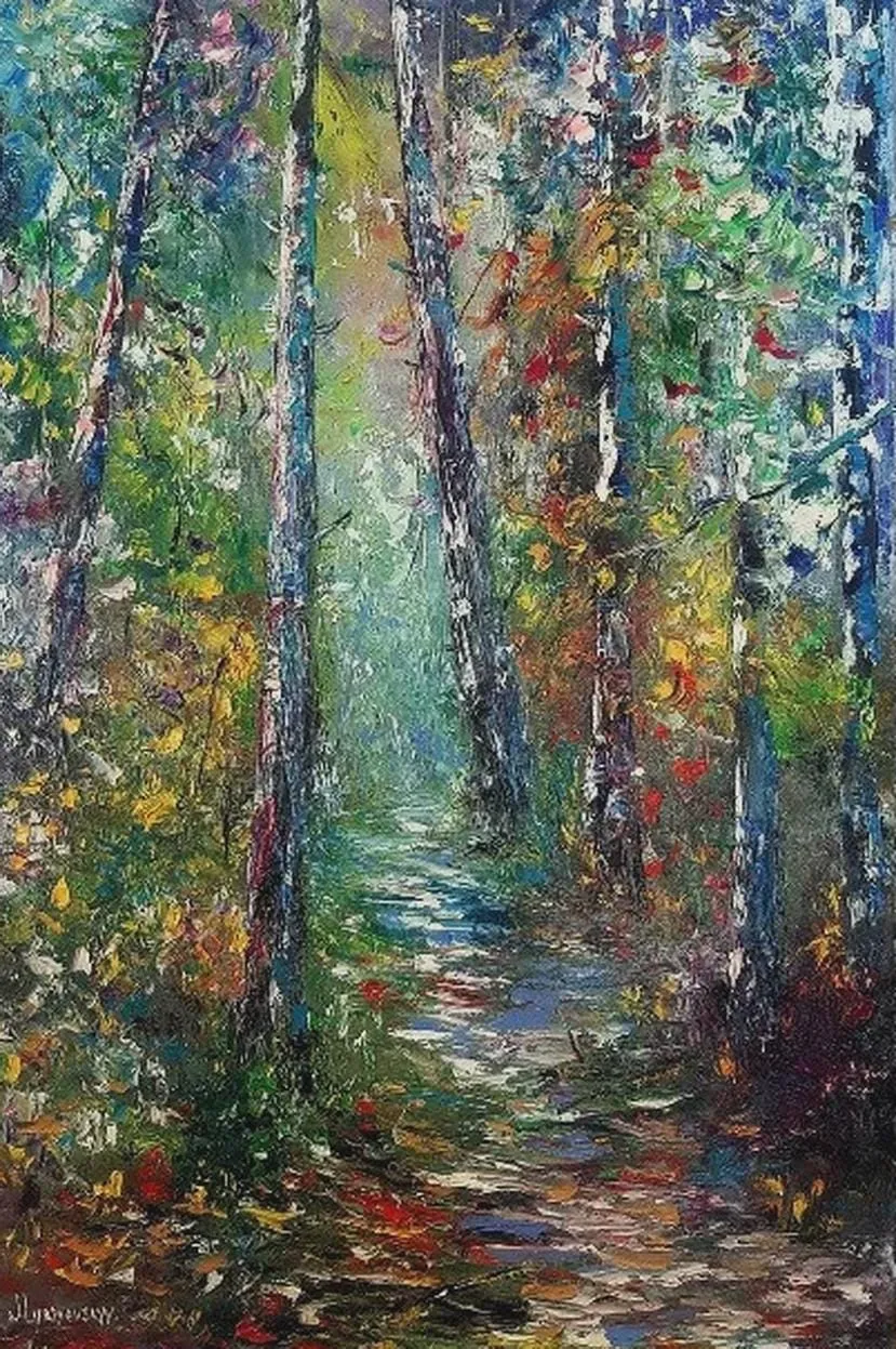 Forest path — original impressionist oil painting by Volodymyr Myriyevskyy, 16'' x 24'' (60 cm x 40 cm)
