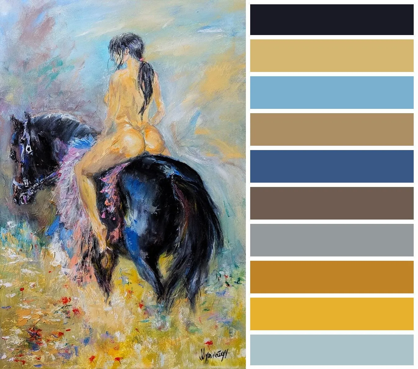 Nude Woman on Horseback — original impressionist oil painting by Volodymyr Myriyevskyy, 16'' x 24'' (40 x 60 cm), vertical orientation — photo 3