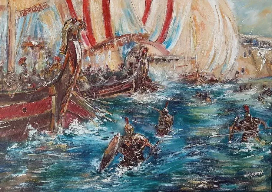 When Rome Met Carthage at Sea — original impressionist oil painting by Volodymyr Myriyevskyy, 28'' x 20'' ( 50cm x 70cm )