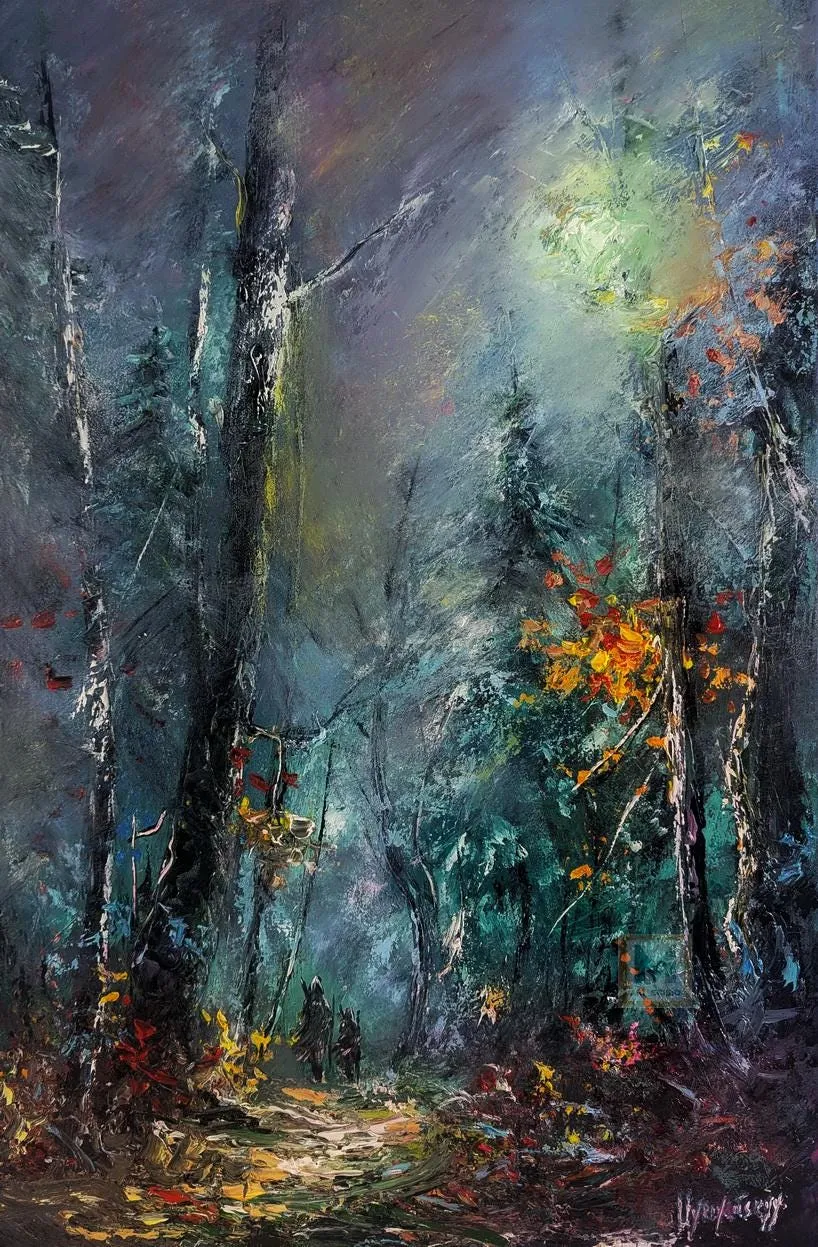 Wanderers Between Worlds — original impressionist oil painting by Volodymyr Myriyevskyy, 16'' x 24'' (40 x 60 cm), vertical orientation