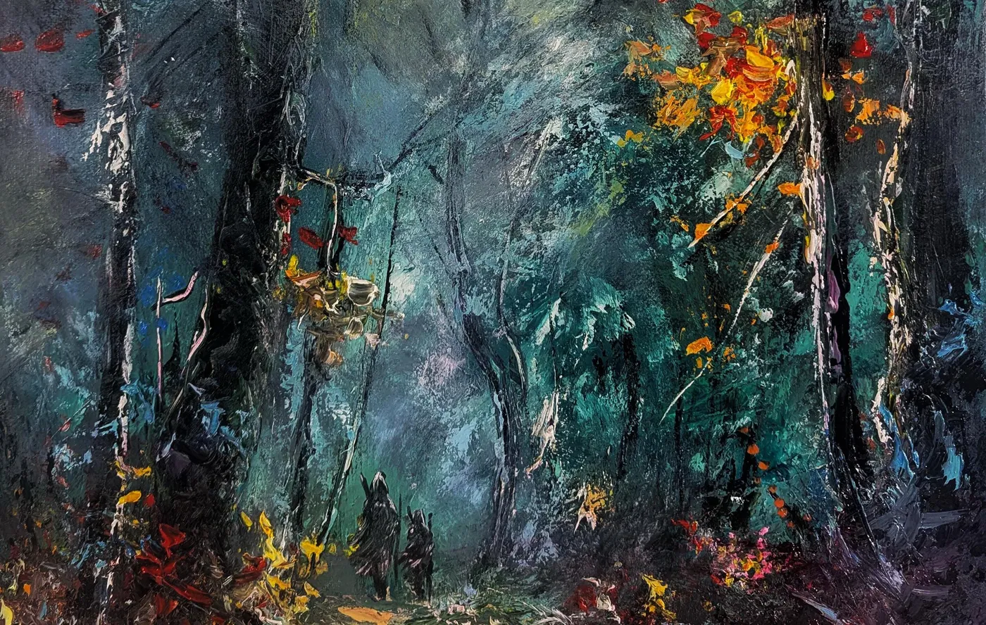 Wanderers Between Worlds — original impressionist oil painting by Volodymyr Myriyevskyy, 16'' x 24'' (40 x 60 cm), vertical orientation — photo 2