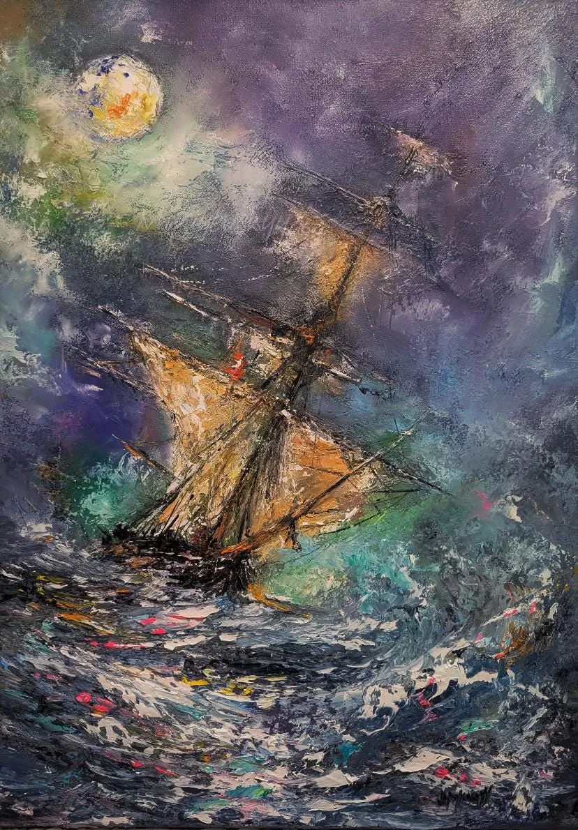 Old Pirate Ship — original impressionist oil painting by Volodymyr Myriyevskyy, 20'' x 28'' (50 x 70 cm), vertical orientation