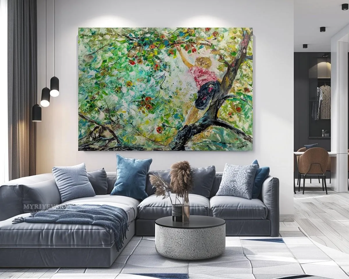 Boy on tree branch reaching for apple — original impressionist oil painting by Volodymyr Myriyevskyy, 28'' x 20'' (70 cm x 50 cm) — photo 3