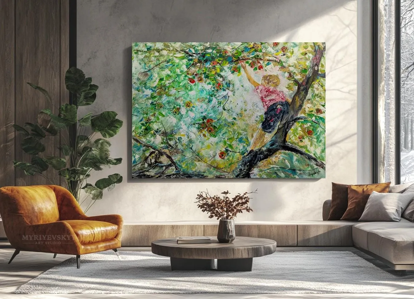 Boy on tree branch reaching for apple — original impressionist oil painting by Volodymyr Myriyevskyy, 28'' x 20'' (70 cm x 50 cm) — photo 4