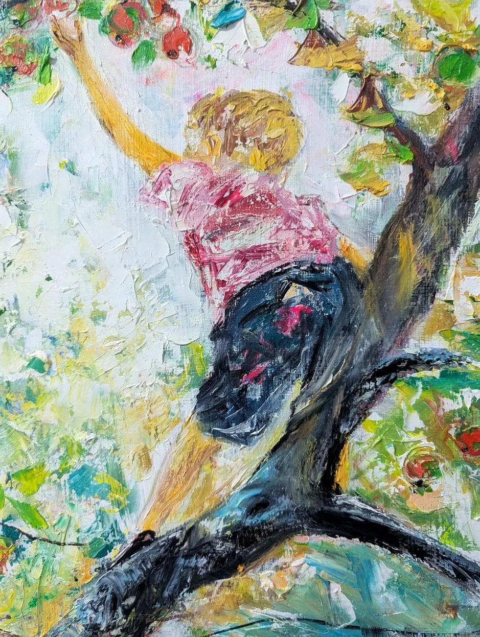 Boy on tree branch reaching for apple — original impressionist oil painting by Volodymyr Myriyevskyy, 28'' x 20'' (70 cm x 50 cm) — photo 5
