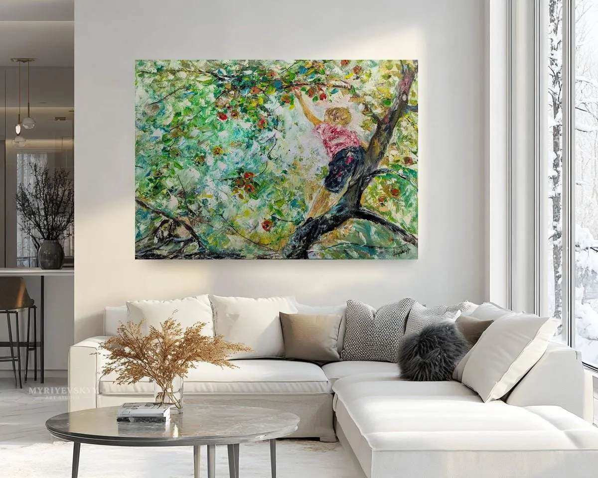 Boy on tree branch reaching for apple — original impressionist oil painting by Volodymyr Myriyevskyy, 28'' x 20'' (70 cm x 50 cm) — photo 6