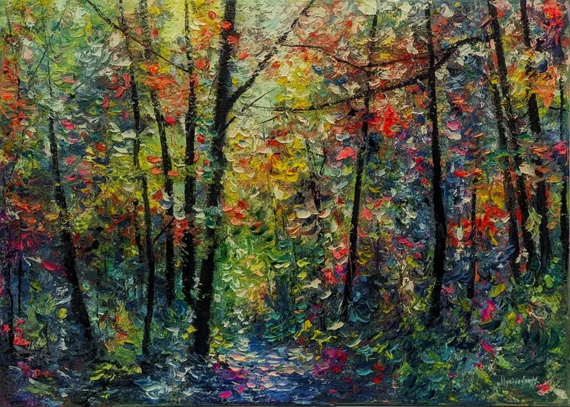 Sunny Forest Path — original impressionist oil painting by Volodymyr Myriyevskyy, 28''x20'' / 50x70cm
