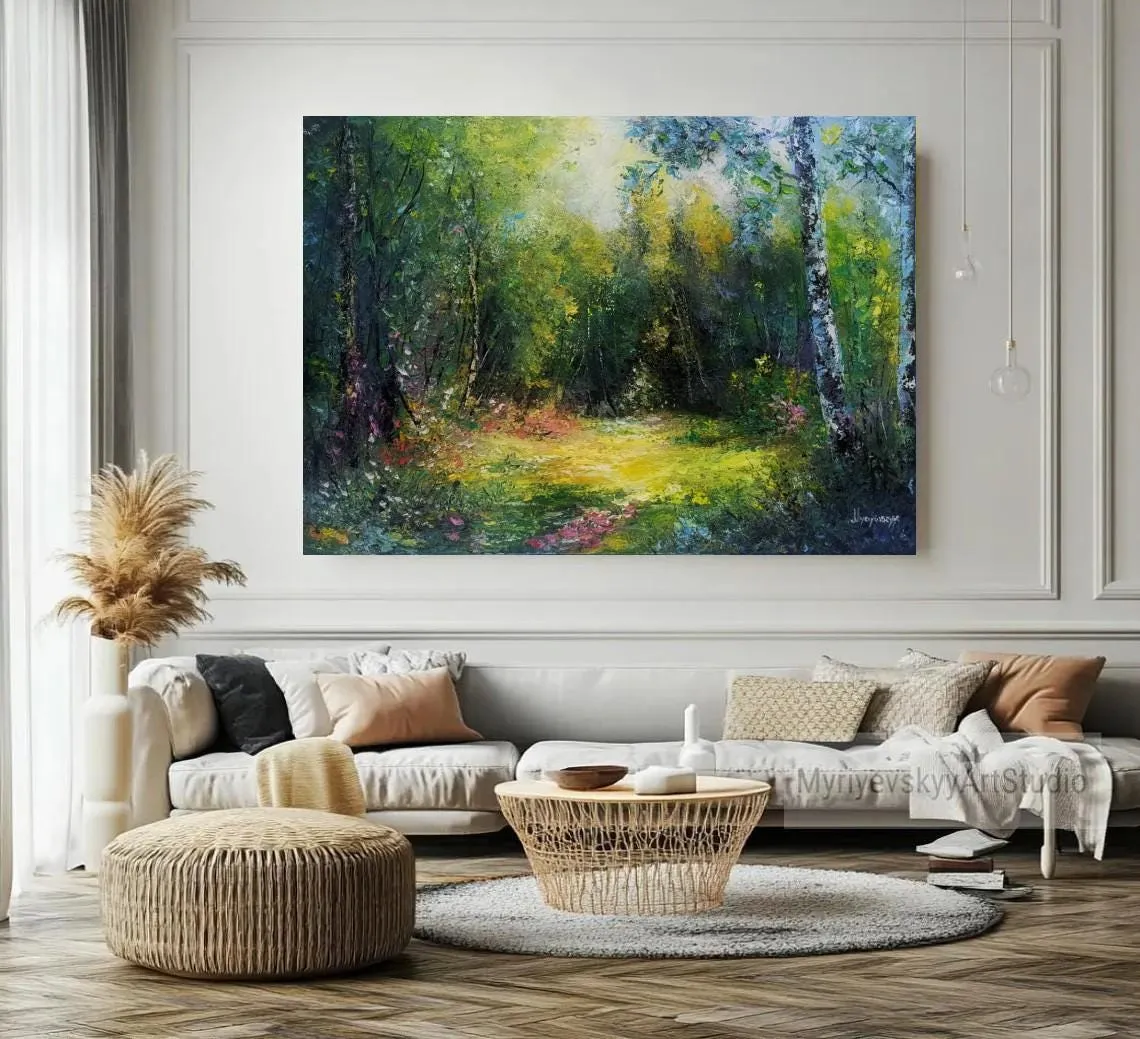 Forest glade — original impressionist oil painting by Volodymyr Myriyevskyy, 28''x20'' (70cm x 50cm) — photo 3