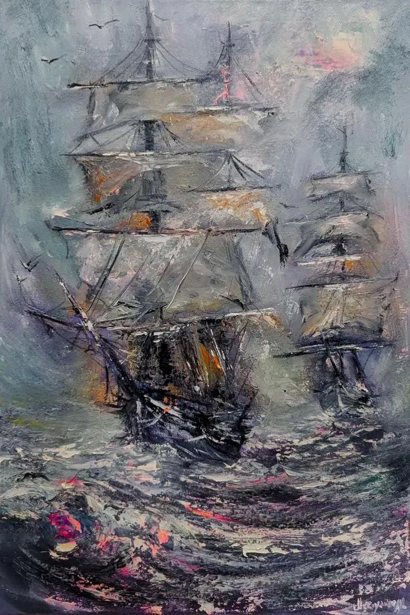 Two Ships in the Tempest — original impressionist oil painting by Volodymyr Myriyevskyy, 16''x24'' / 60x40cm