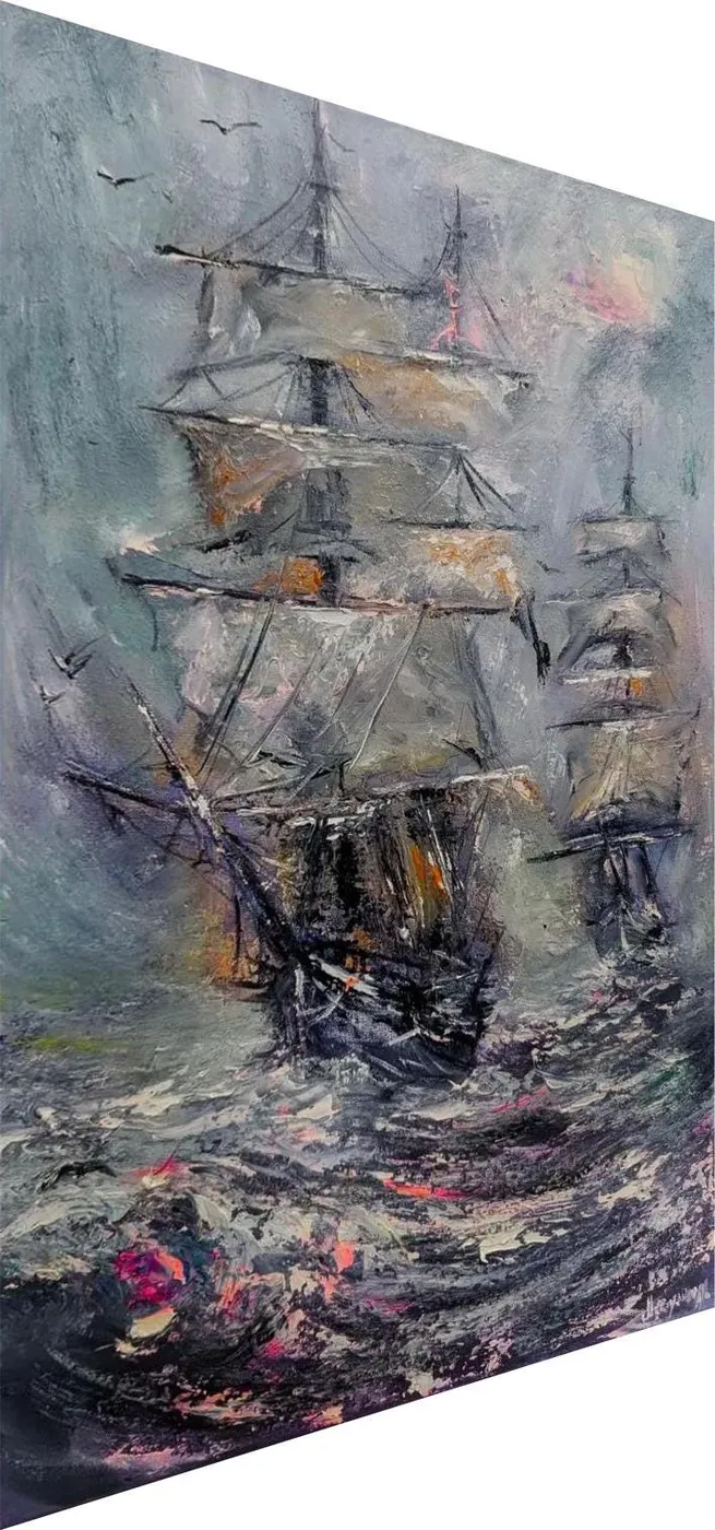 Two Ships in the Tempest — original impressionist oil painting by Volodymyr Myriyevskyy, 16''x24'' / 60x40cm — photo 2