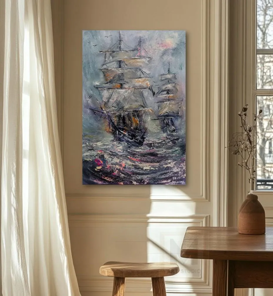 Two Ships in the Tempest — original impressionist oil painting by Volodymyr Myriyevskyy, 16''x24'' / 60x40cm — photo 6