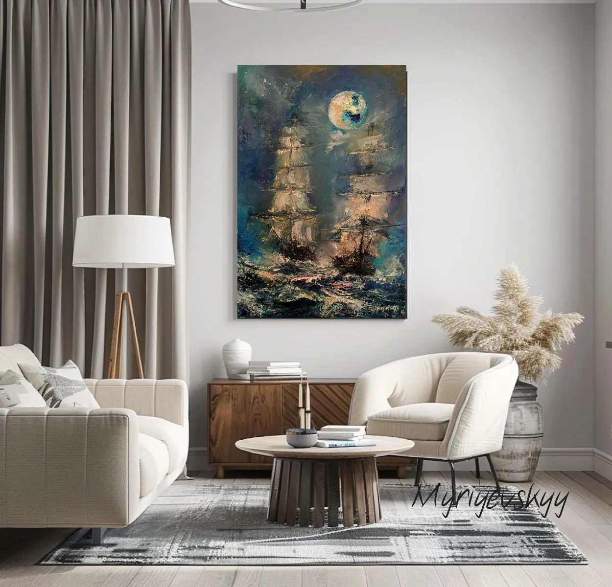 Ships Under the Full Moon — original impressionist oil painting by Volodymyr Myriyevskyy, 16'' x 24'' (40 x 60 cm), vertical orientation — photo 2