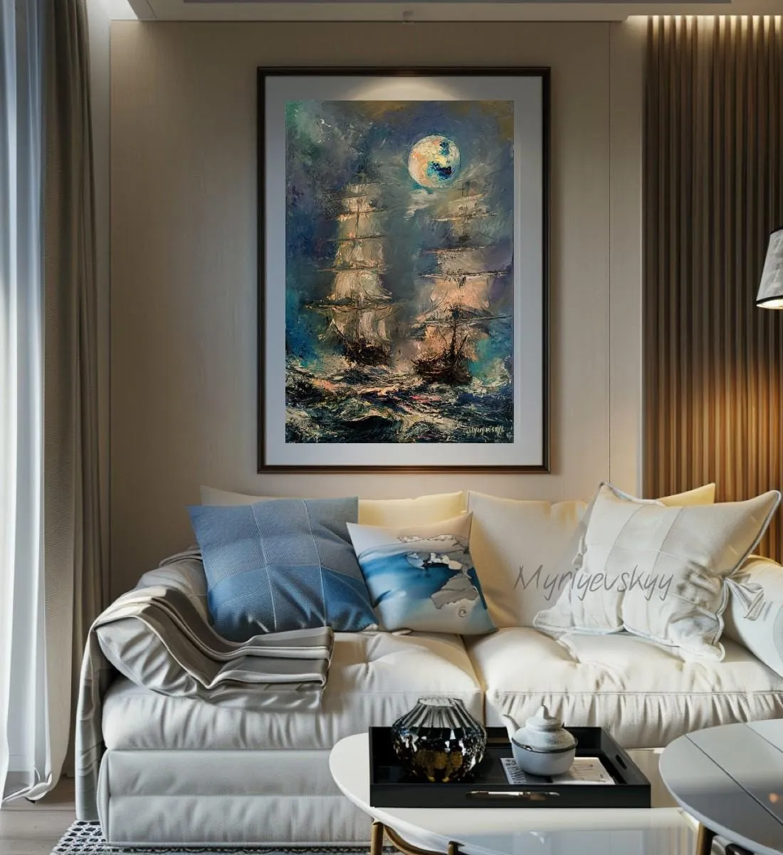 Ships Under the Full Moon — original impressionist oil painting by Volodymyr Myriyevskyy, 16'' x 24'' (40 x 60 cm), vertical orientation — photo 5