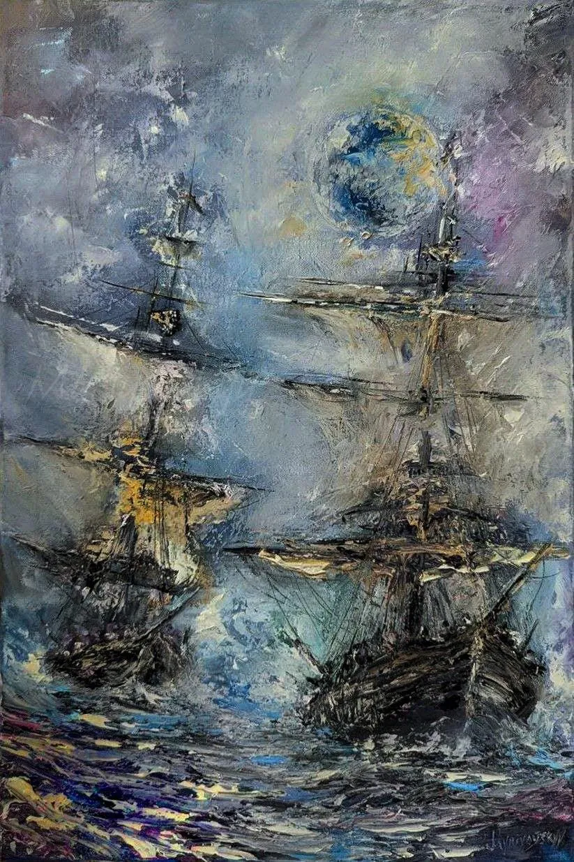 Two Old Ships in the High Sea — original impressionist oil painting by Volodymyr Myriyevskyy, 16'x 24'' (40 x 60cm)
