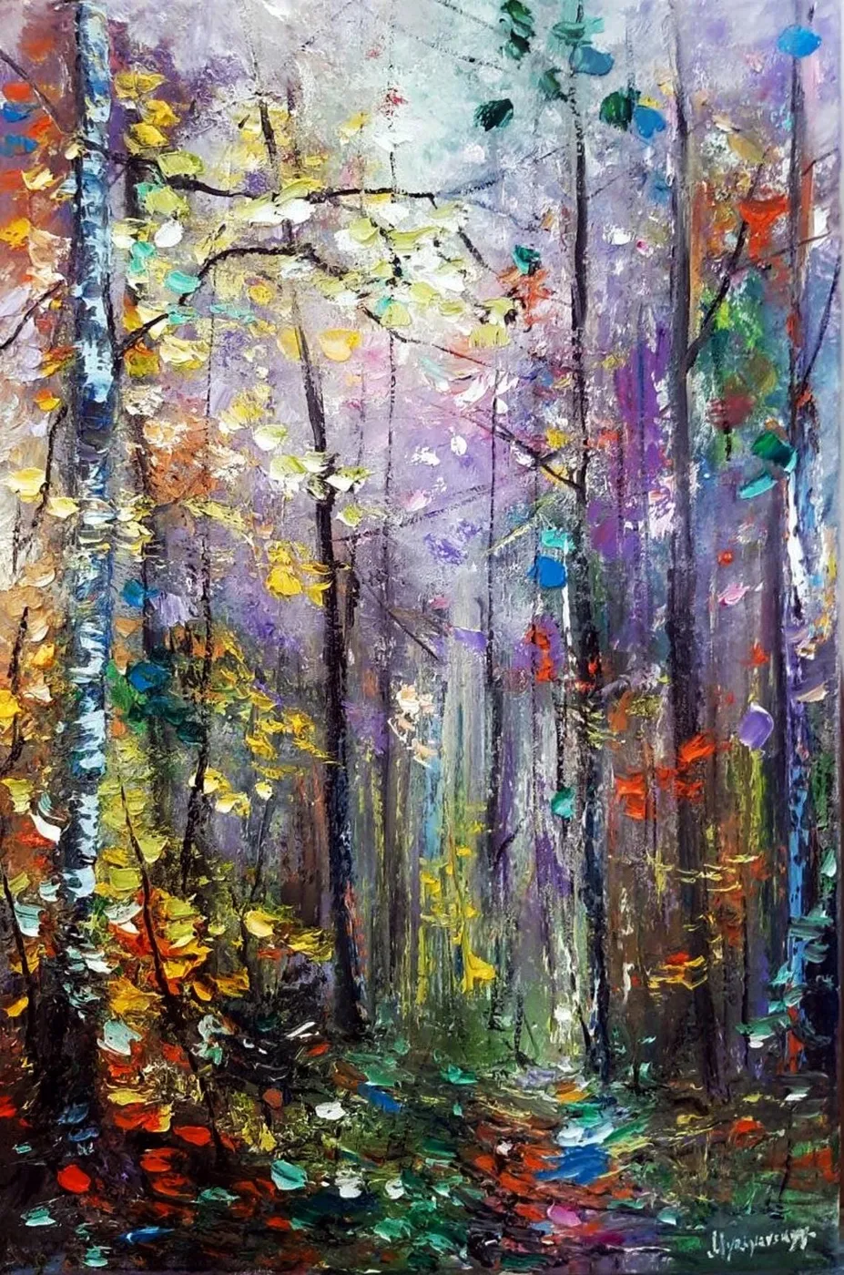 Sunlit autumn forest — original impressionist oil painting by Volodymyr Myriyevskyy, 16"x24" (60x40cm)