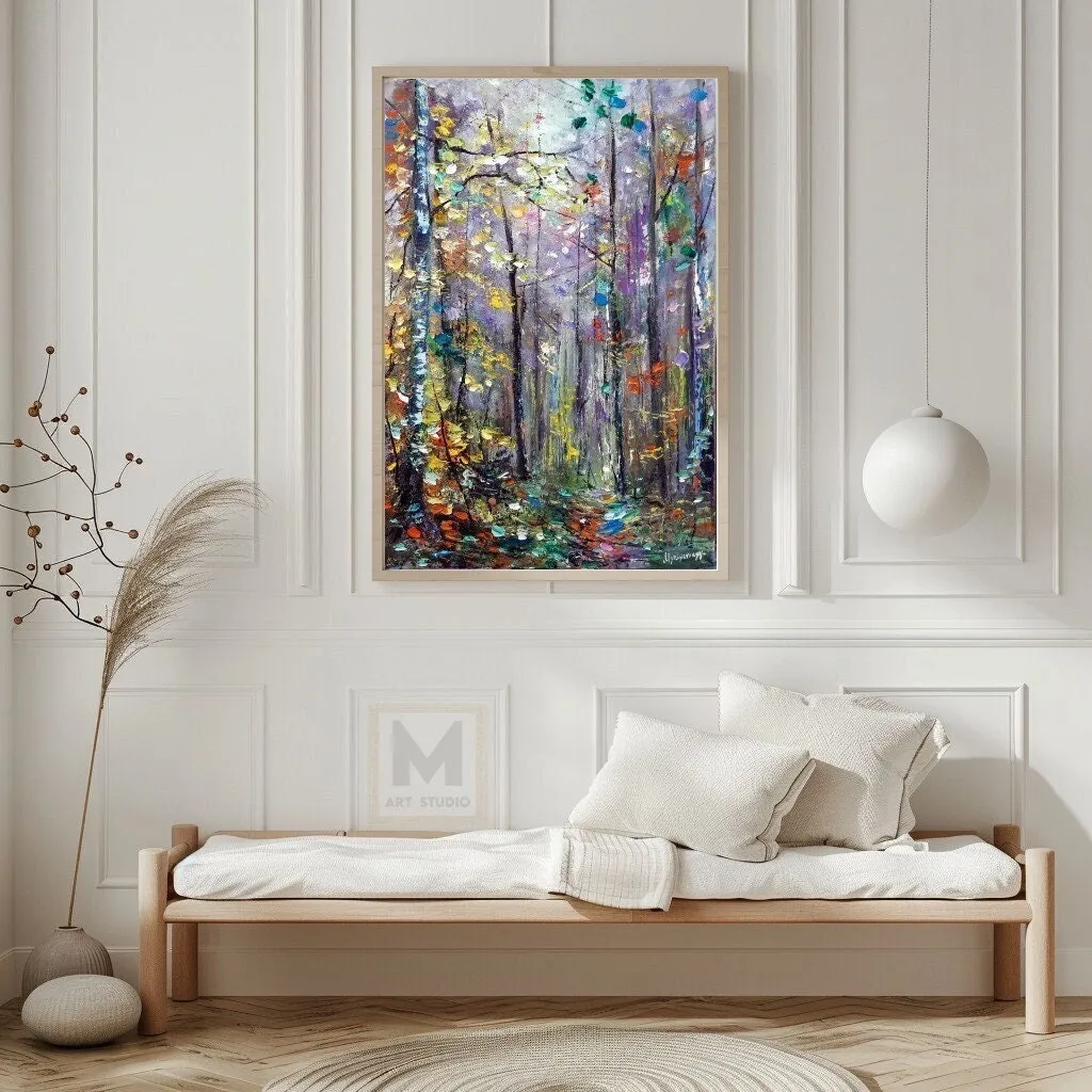 Sunlit autumn forest — original impressionist oil painting by Volodymyr Myriyevskyy, 16"x24" (60x40cm) — photo 2