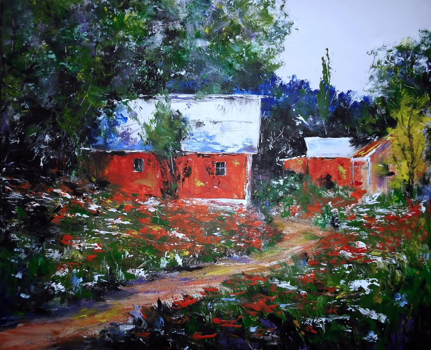 Poppy field with house — original impressionist oil painting by Volodymyr Myriyevskyy, 24'' x 20'' (50cm x 60cm)