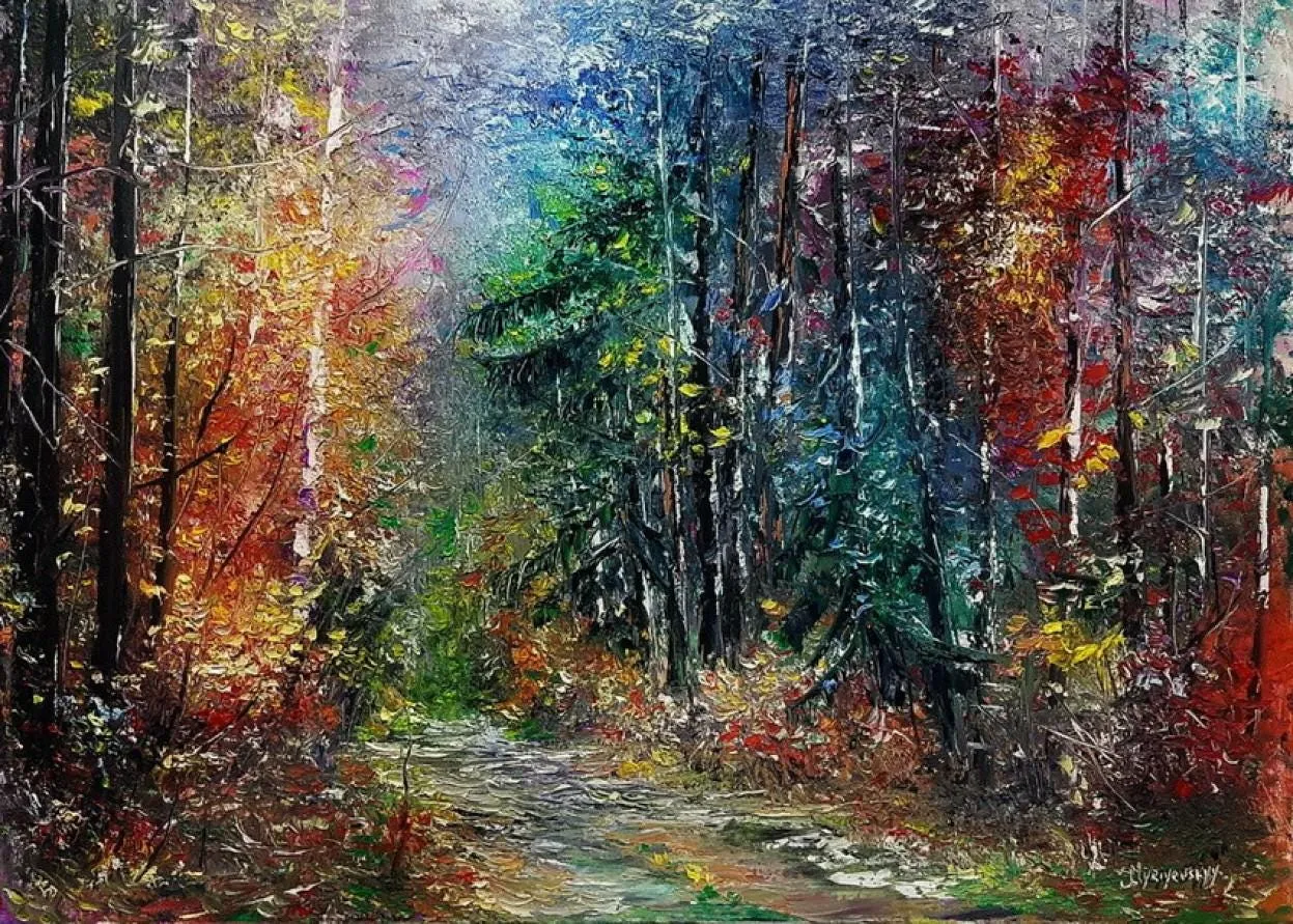 Autumn path in the forest — original impressionist oil painting by Volodymyr Myriyevskyy, 28"х 20" / 50x70cm