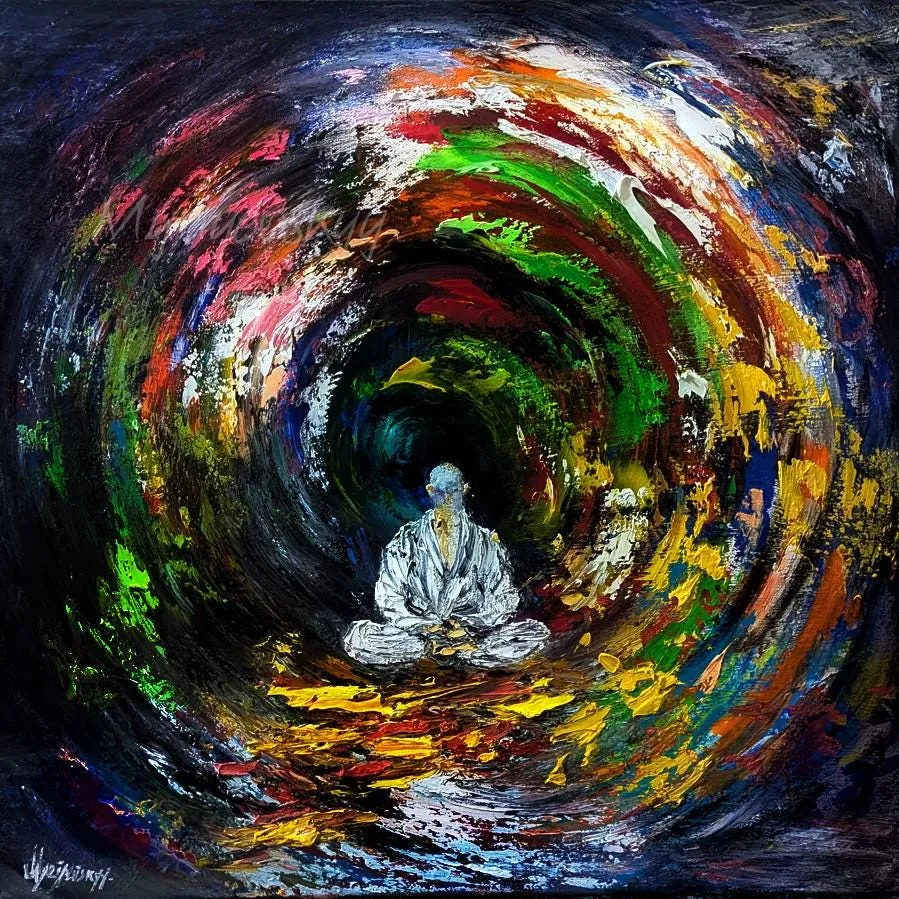 Radiance meditation — original impressionist oil painting by Volodymyr Myriyevskyy, 20'' x 20'' (50cm x 50cm)