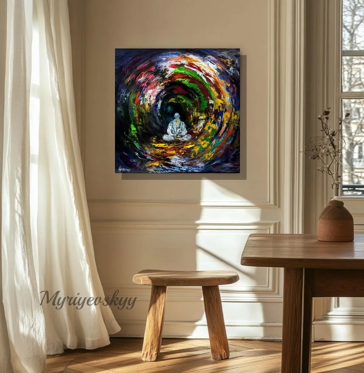 Radiance meditation — original impressionist oil painting by Volodymyr Myriyevskyy, 20'' x 20'' (50cm x 50cm) — photo 4