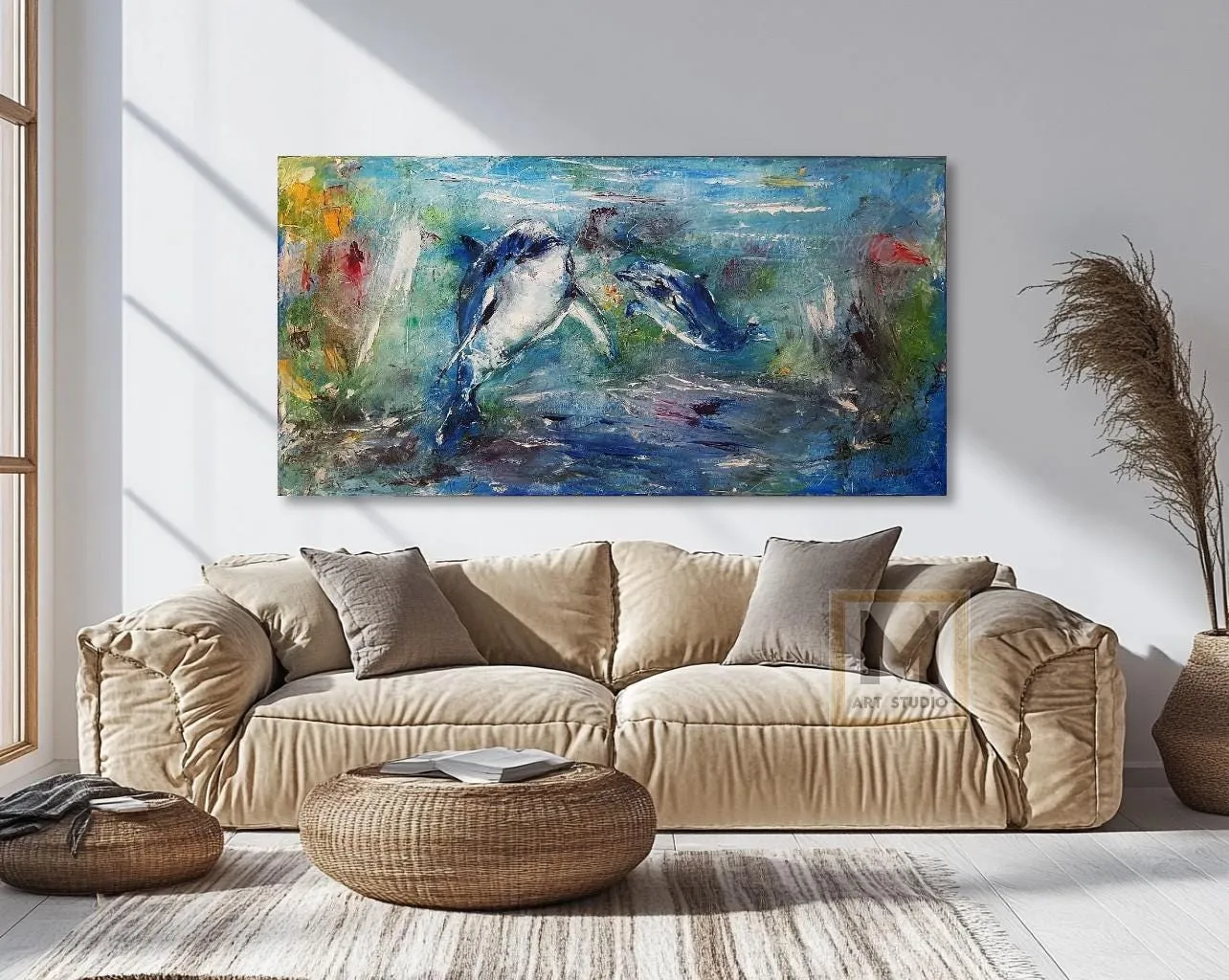 Dolphins — original impressionist oil painting by Volodymyr Myriyevskyy, 16''x32'' (40x80cm) — photo 6