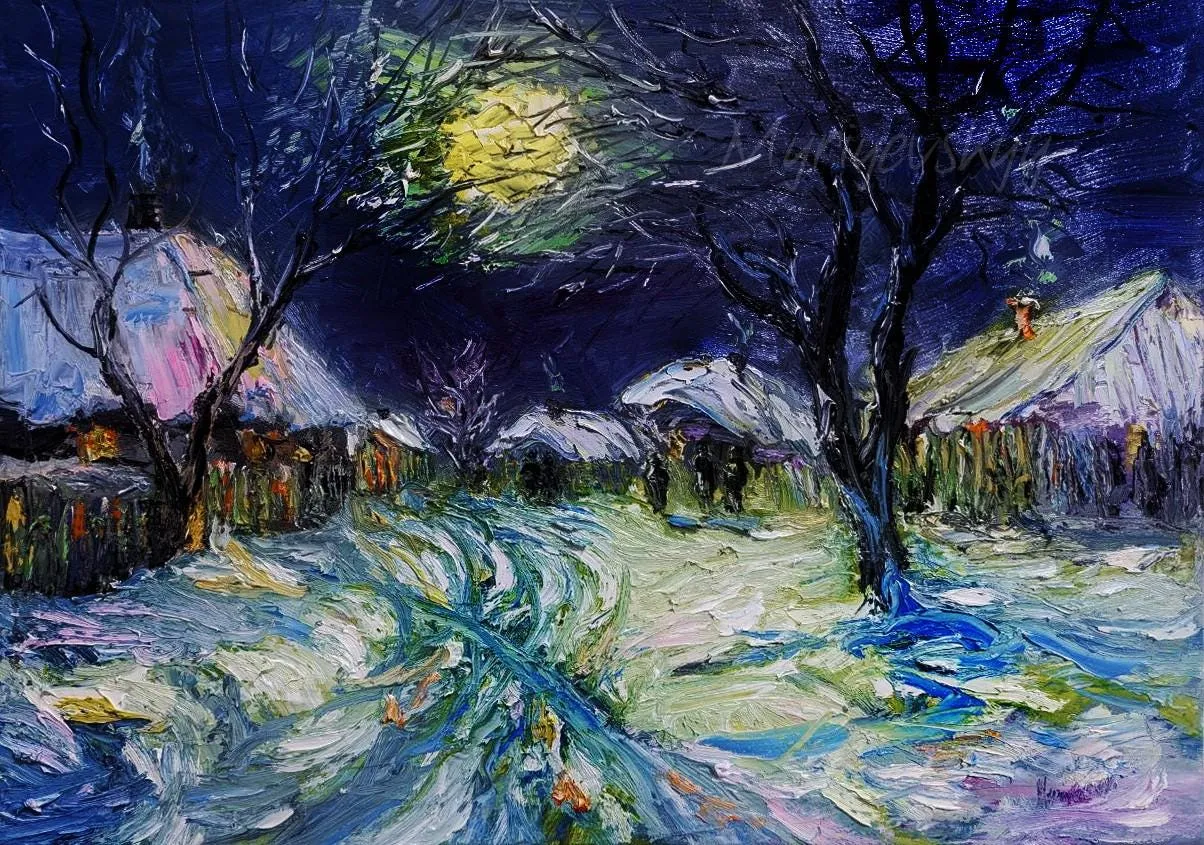Snowy village in moonlight — original impressionist oil painting by Volodymyr Myriyevskyy, 28''x20'' (50x70 cm)