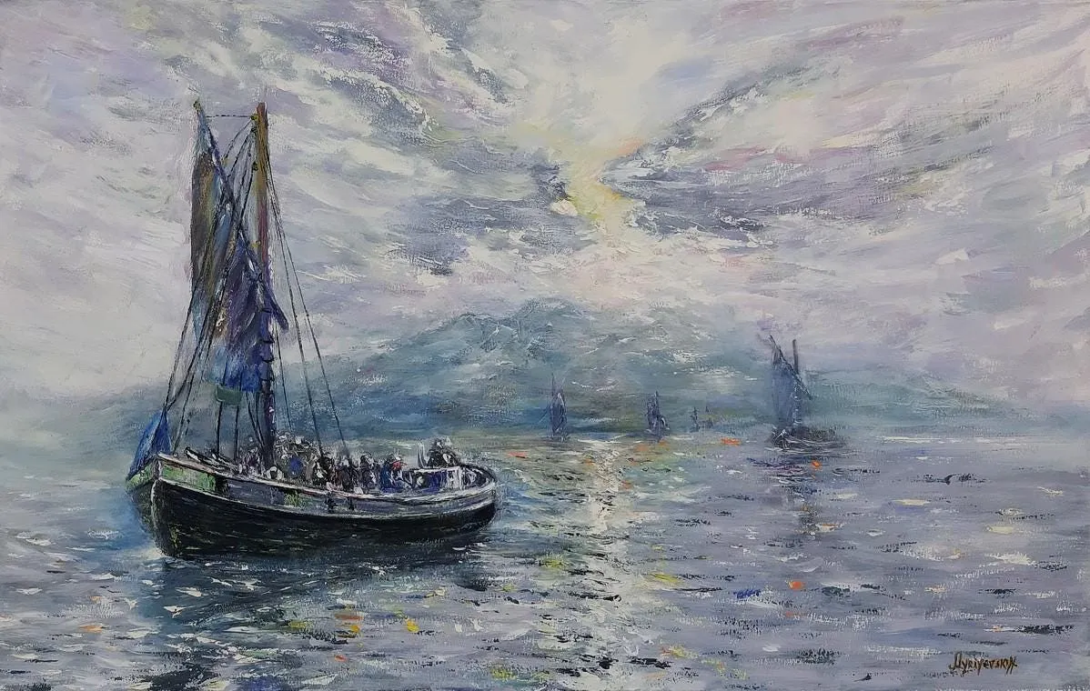 Sails in the Mist — original impressionist oil painting by Volodymyr Myriyevskyy, 32''x 20'' / 80cm x 50cm