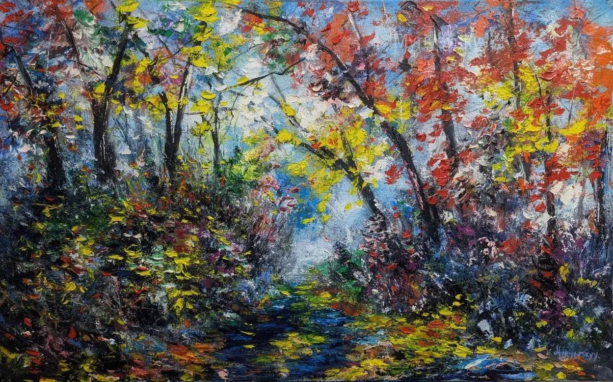 Autumn forest — original impressionist oil painting by Volodymyr Myriyevskyy, 32''x20'' (50x80cm)