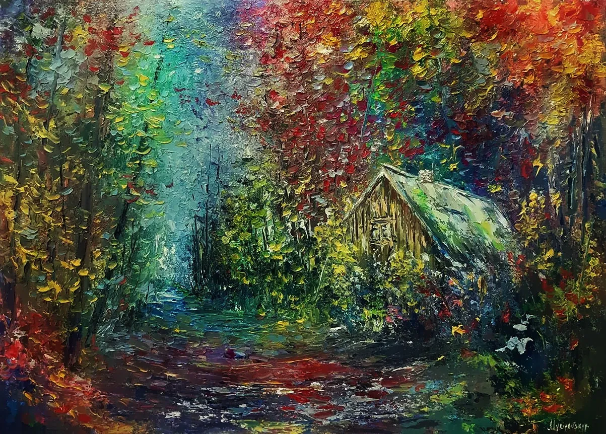 Early Autumn Forest Cottage — original impressionist oil painting by Volodymyr Myriyevskyy, 28'' × 20'' (70 cm × 50 cm)