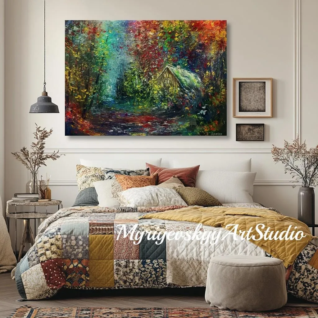 Early Autumn Forest Cottage — original impressionist oil painting by Volodymyr Myriyevskyy, 28'' × 20'' (70 cm × 50 cm) — photo 3