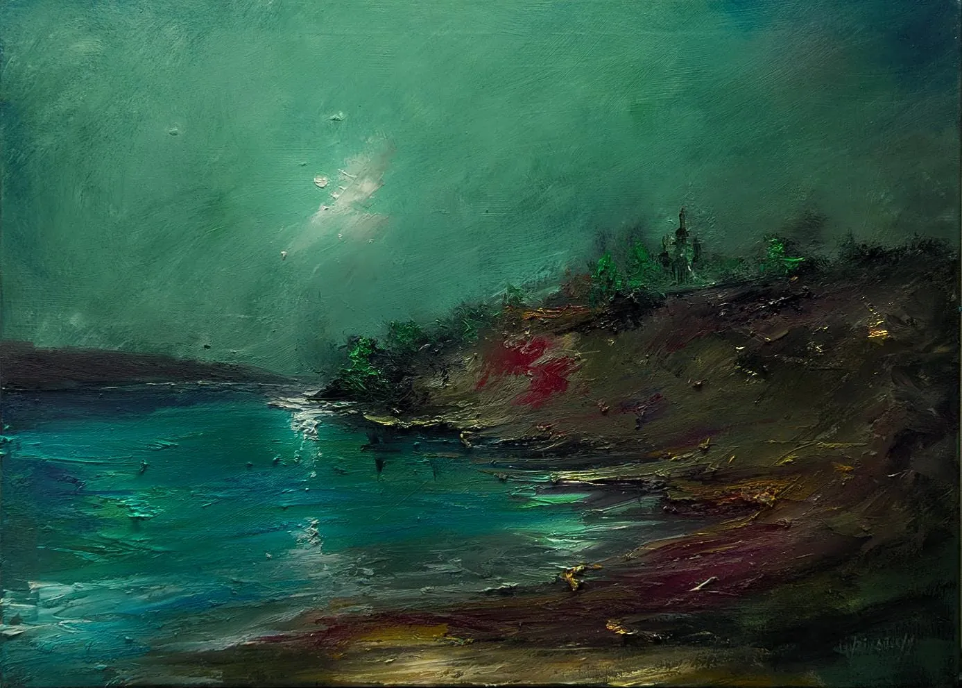 River Night — original impressionist oil painting by Volodymyr Myriyevskyy, 28'' x 20'' ( 50cm x 70cm )