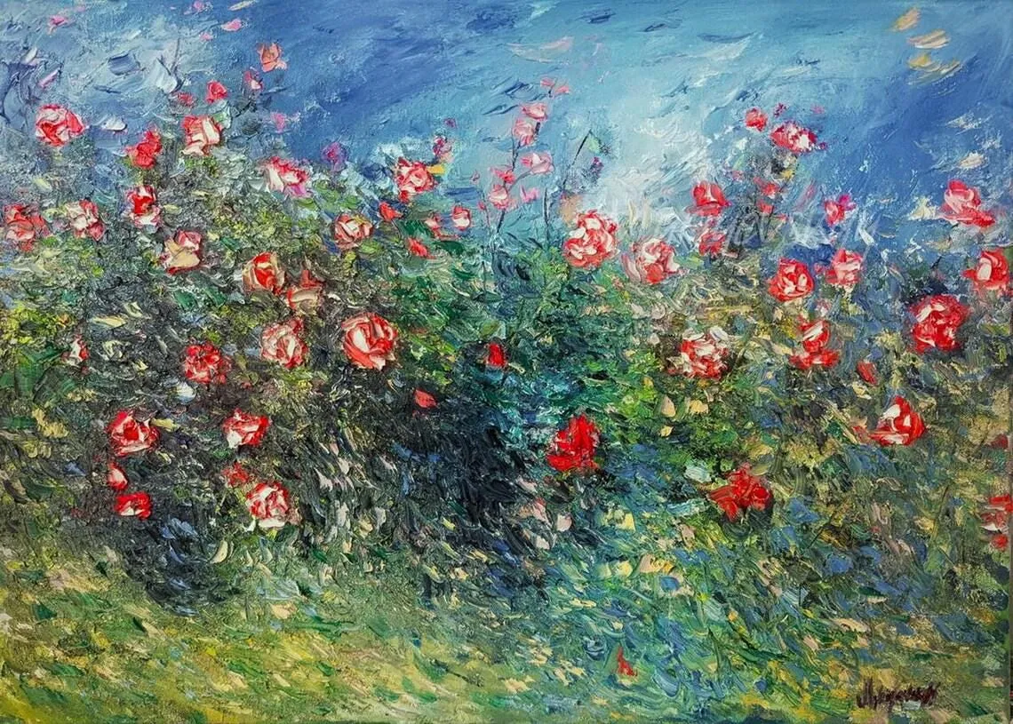 Summer Garden Roses — original impressionist oil painting by Volodymyr Myriyevskyy, 28'' x 20'' (70cm x 50 cm), horizontal orientation