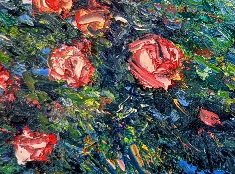 Summer Garden Roses — original impressionist oil painting by Volodymyr Myriyevskyy, 28'' x 20'' (70cm x 50 cm), horizontal orientation — photo 4