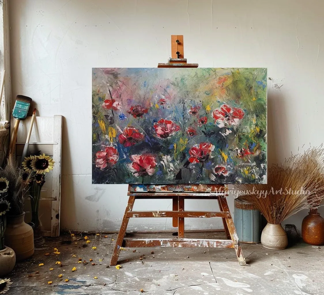 Red Poppies — original impressionist oil painting by Volodymyr Myriyevskyy, 24''x16'' (40x60cm)