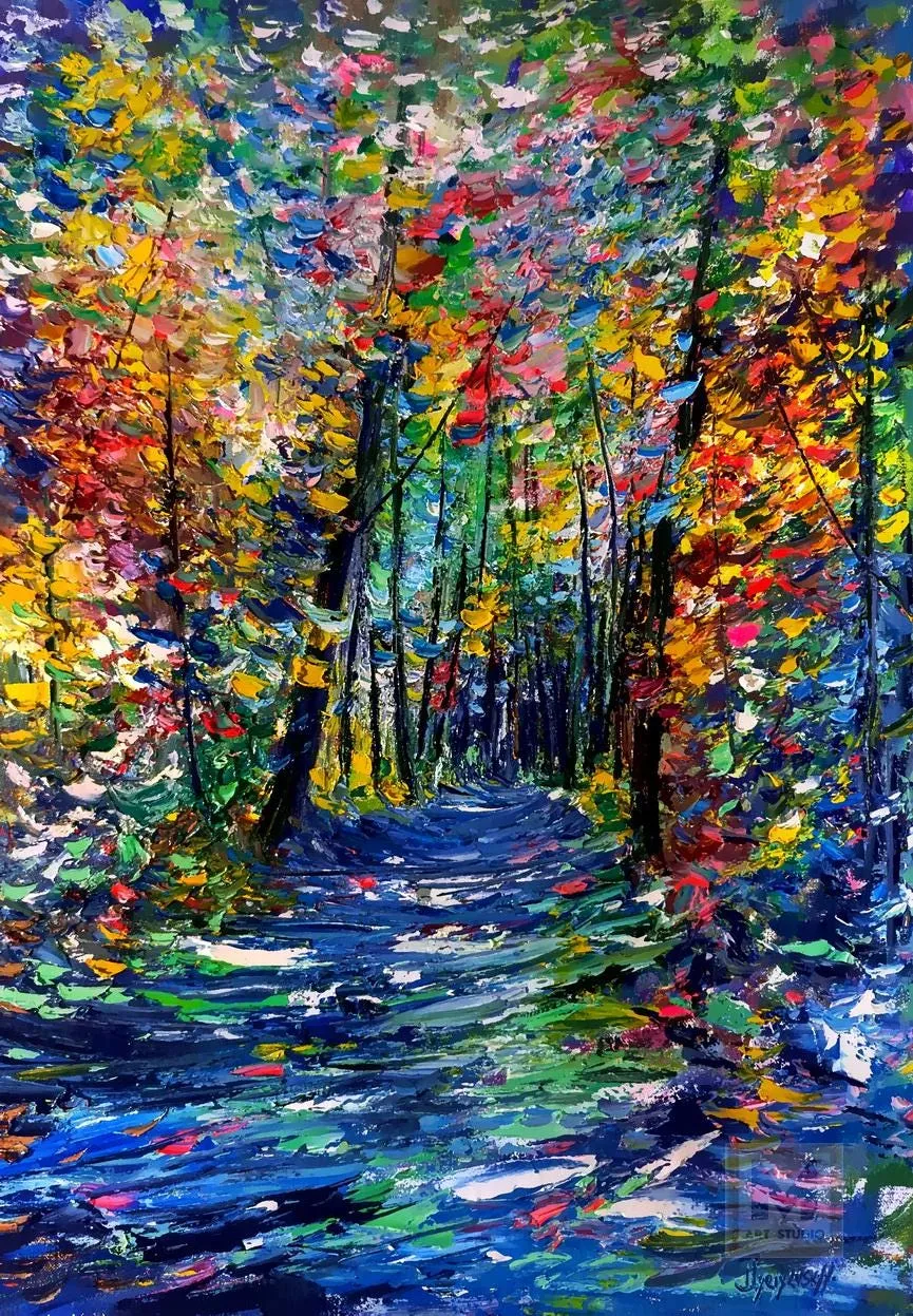 Shadows on the Forest Path — original impressionist oil painting by Volodymyr Myriyevskyy, 20''x 28'' ( 50cm x 70cm )