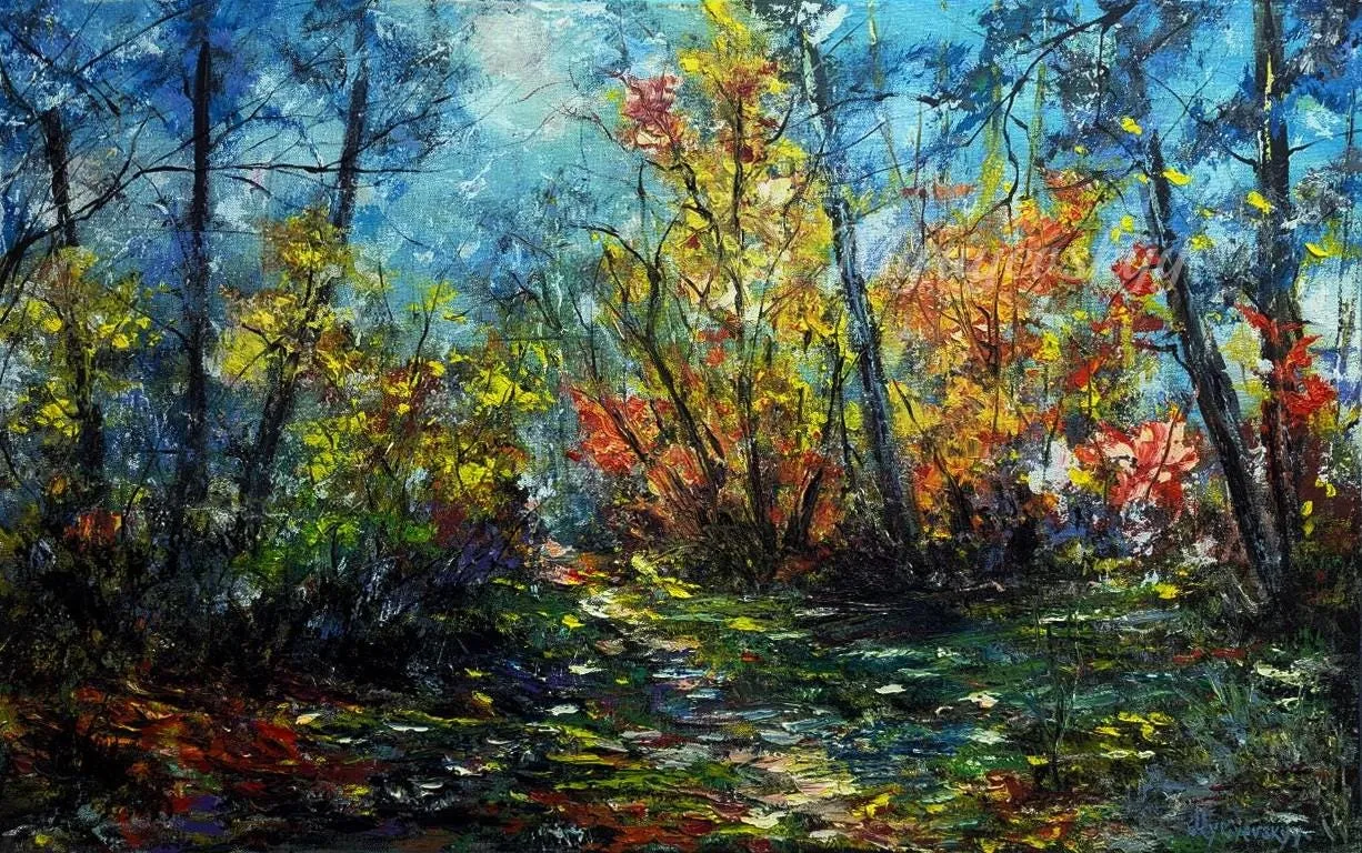 Path through the woods — original impressionist oil painting by Volodymyr Myriyevskyy, 32'' x 20'' (50cm x 80cm)