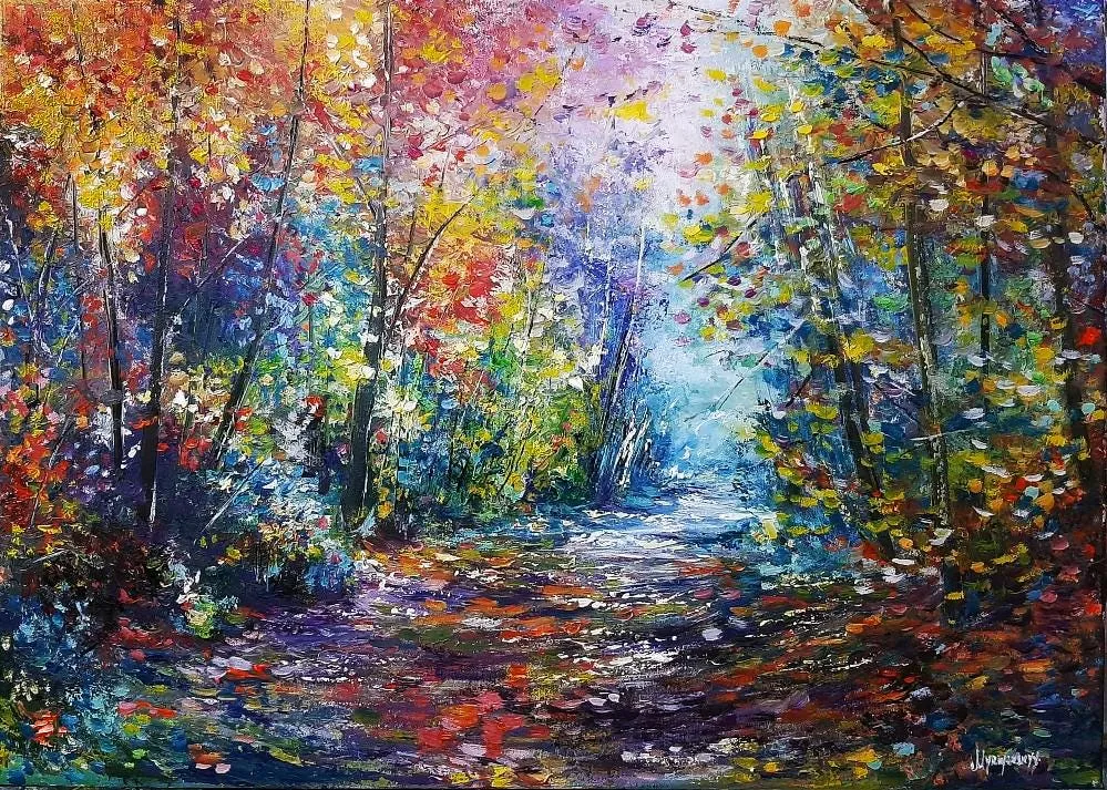 Shadows in Forest — original impressionist oil painting by Volodymyr Myriyevskyy, 28''x20'' (50x70cm)
