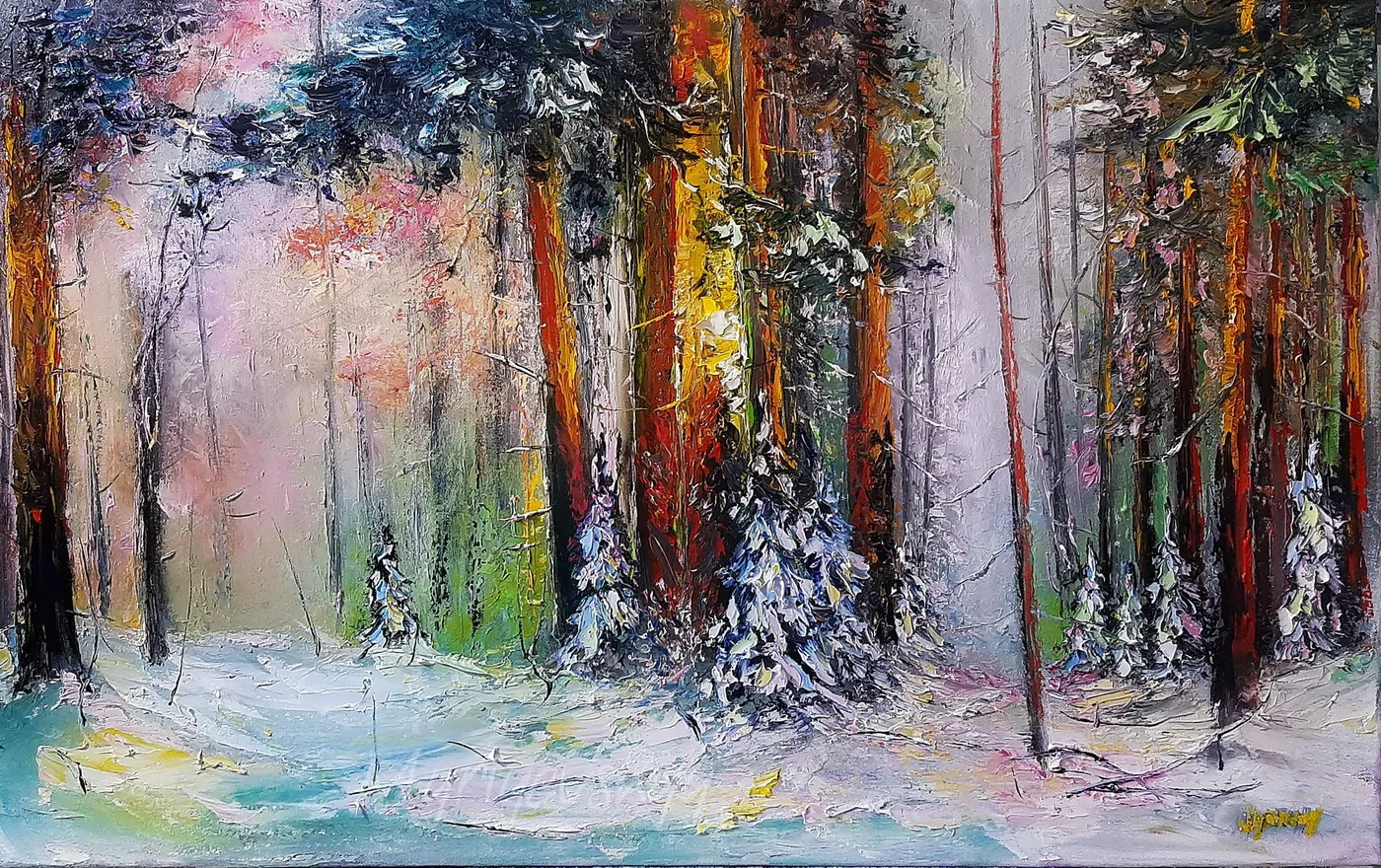 Snow forest — original impressionist oil painting by Volodymyr Myriyevskyy, 32" x 20" (50cm x 80cm)