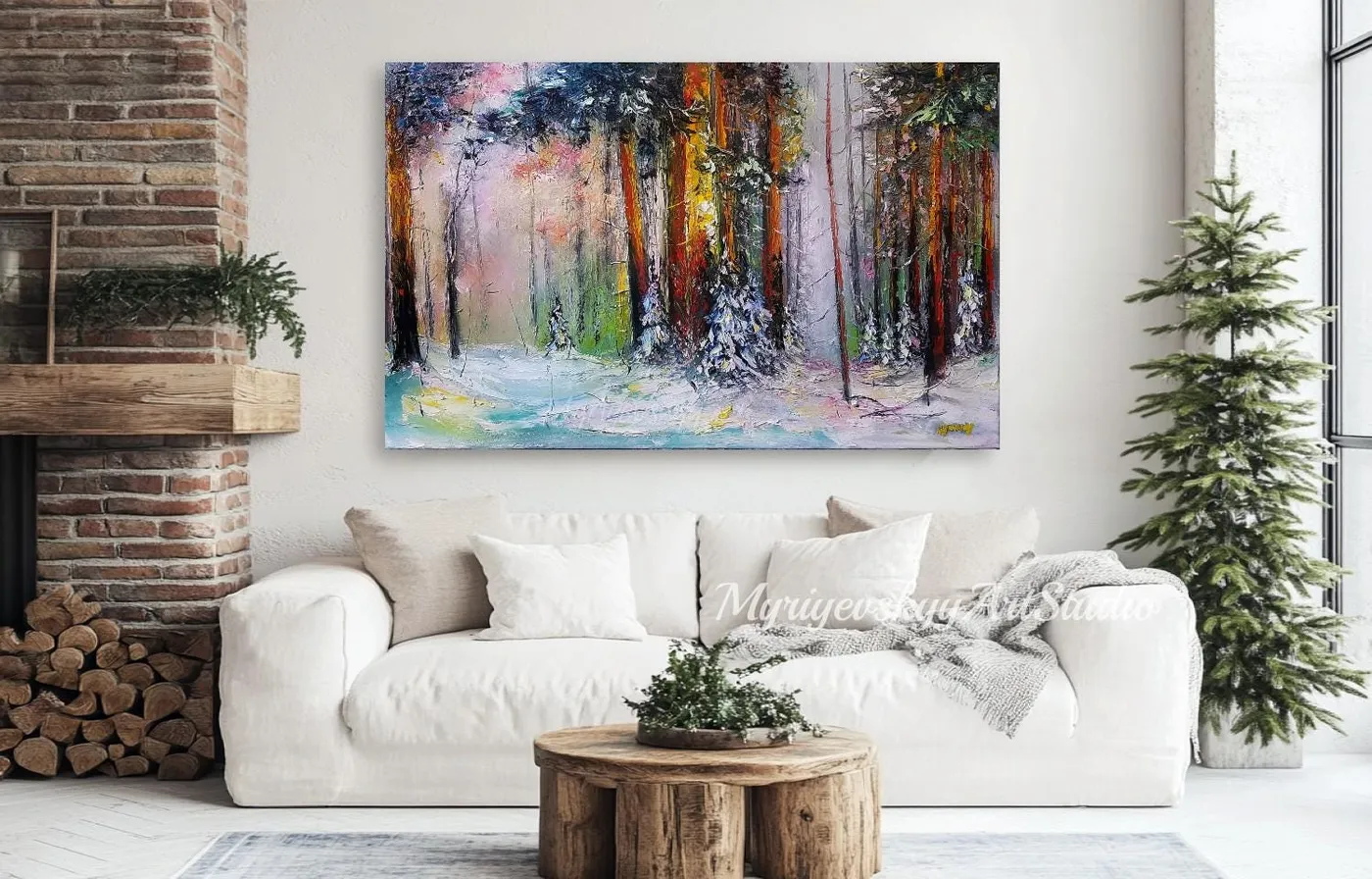 Snow forest — original impressionist oil painting by Volodymyr Myriyevskyy, 32" x 20" (50cm x 80cm) — photo 3