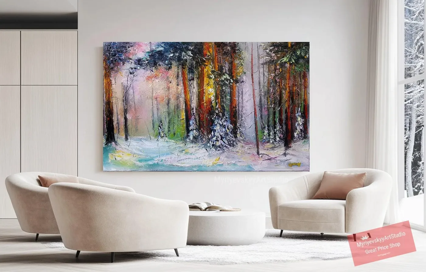 Snow forest — original impressionist oil painting by Volodymyr Myriyevskyy, 32" x 20" (50cm x 80cm) — photo 4
