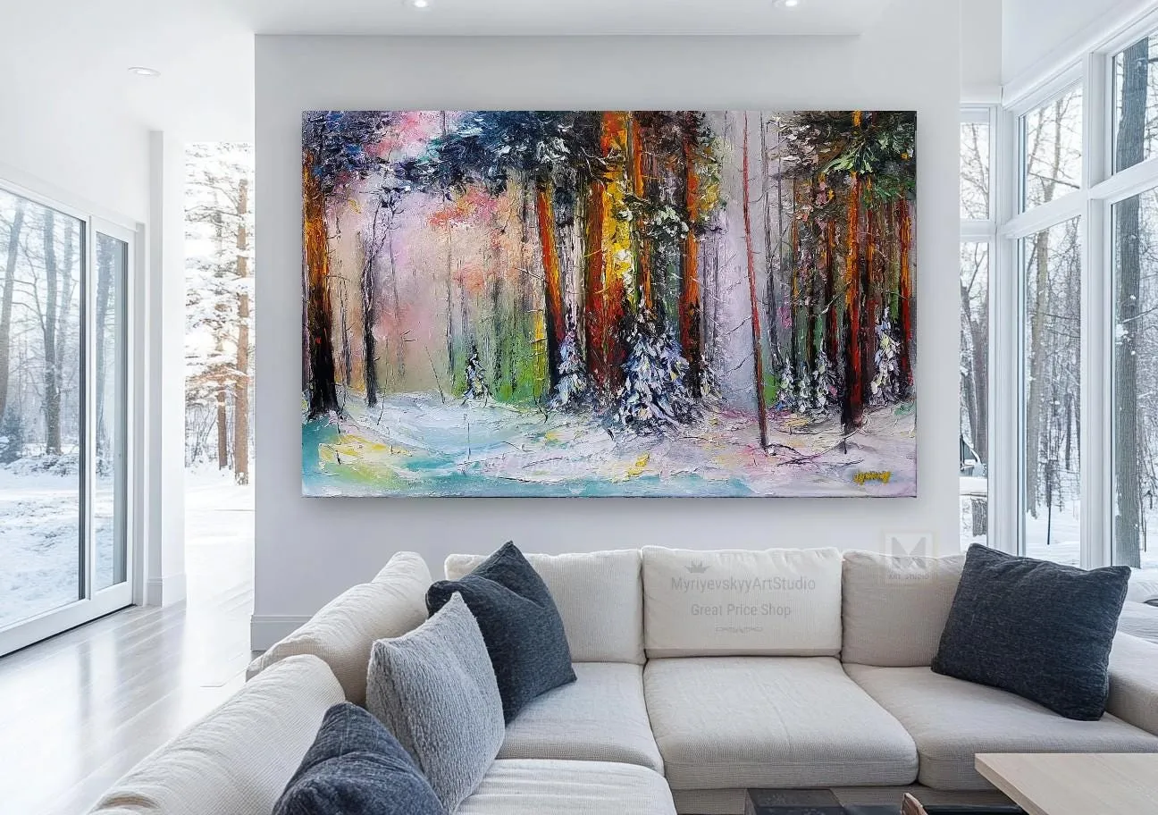 Snow forest — original impressionist oil painting by Volodymyr Myriyevskyy, 32" x 20" (50cm x 80cm) — photo 6